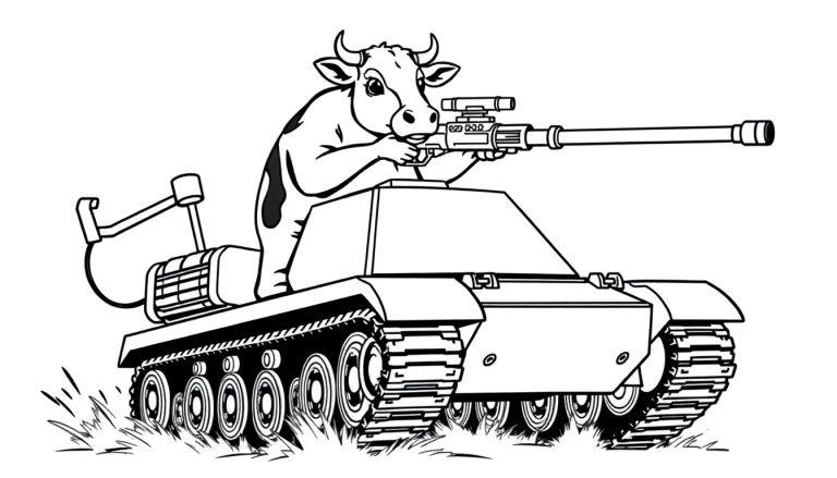 Kleurplaat van een stoere koe op een tank met een groot wapen