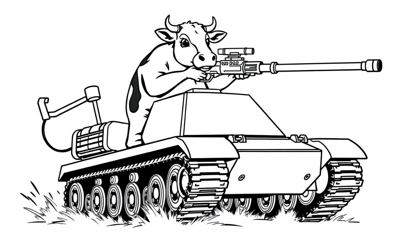 Kleurplaat van een stoere koe op een tank met een groot wapen