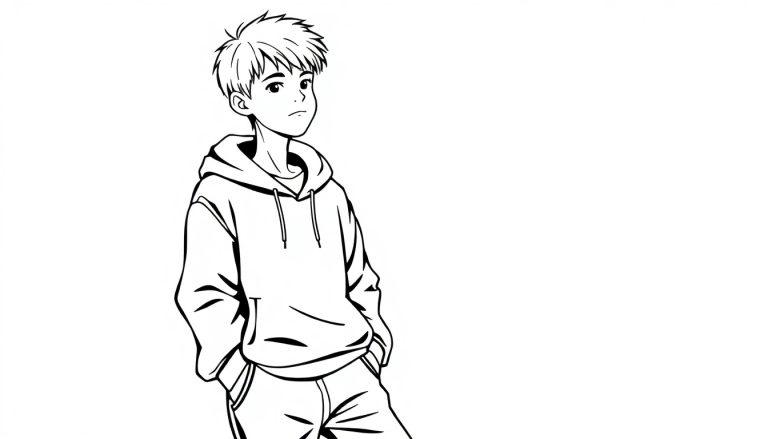Kleurplaat van een tienerjongen met een oversized trui en baggy broek.