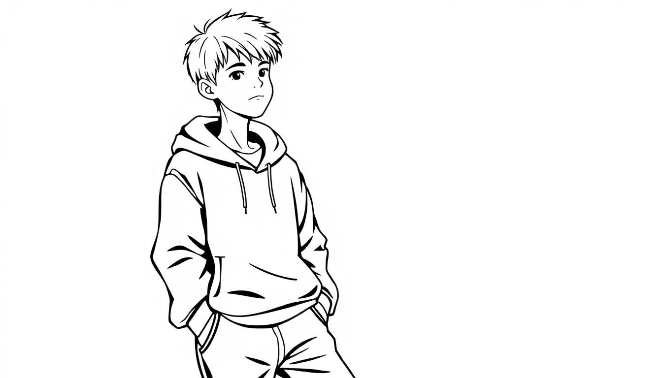 Kleurplaat van een tienerjongen met een oversized trui en baggy broek.
