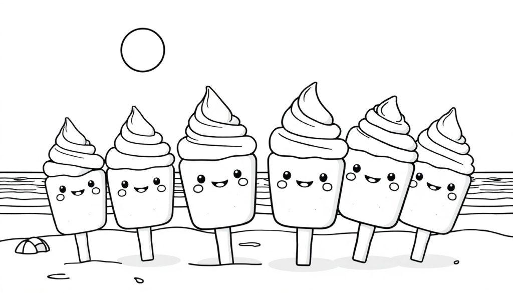 Kleurplaat van schattige ijsjes met vrolijke gezichtjes, een zonnige hemel en strand op de achtergrond.