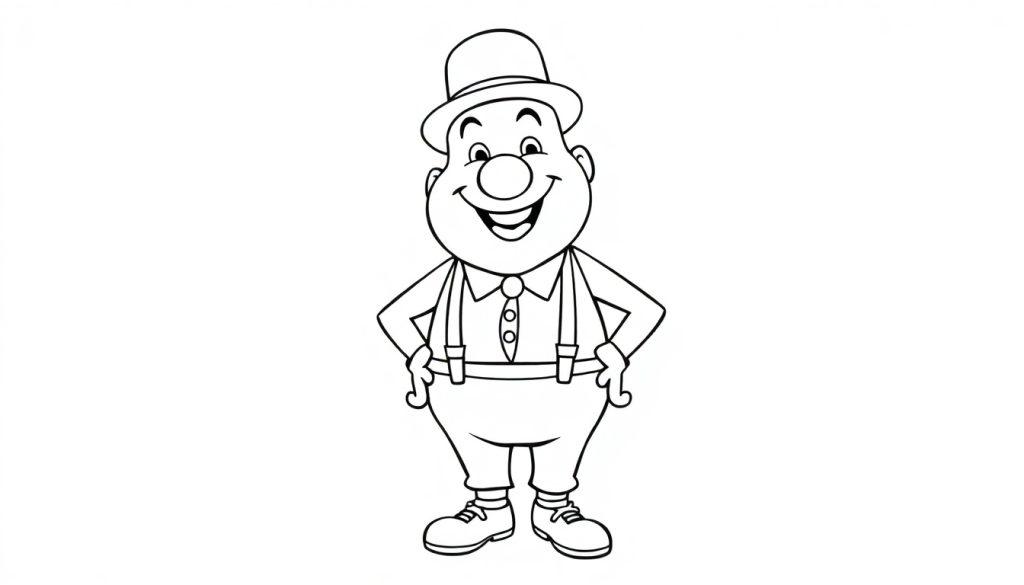 Kleurplaat van een vrolijke man met hoed en bretels.