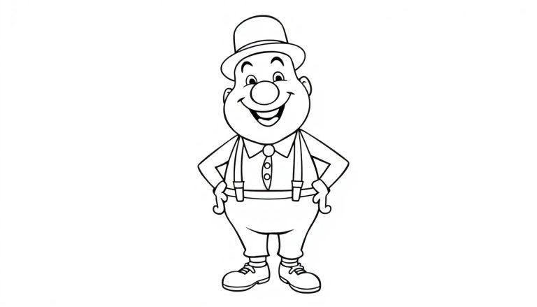 Kleurplaat van een vrolijke man met hoed en bretels.