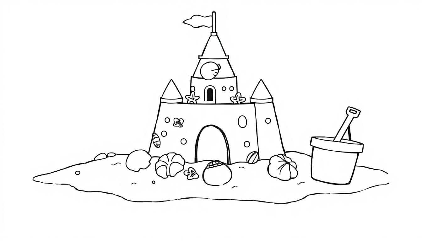 Zwart-wit kleurplaat van een zandkasteel met een schep, emmer en schelpen.