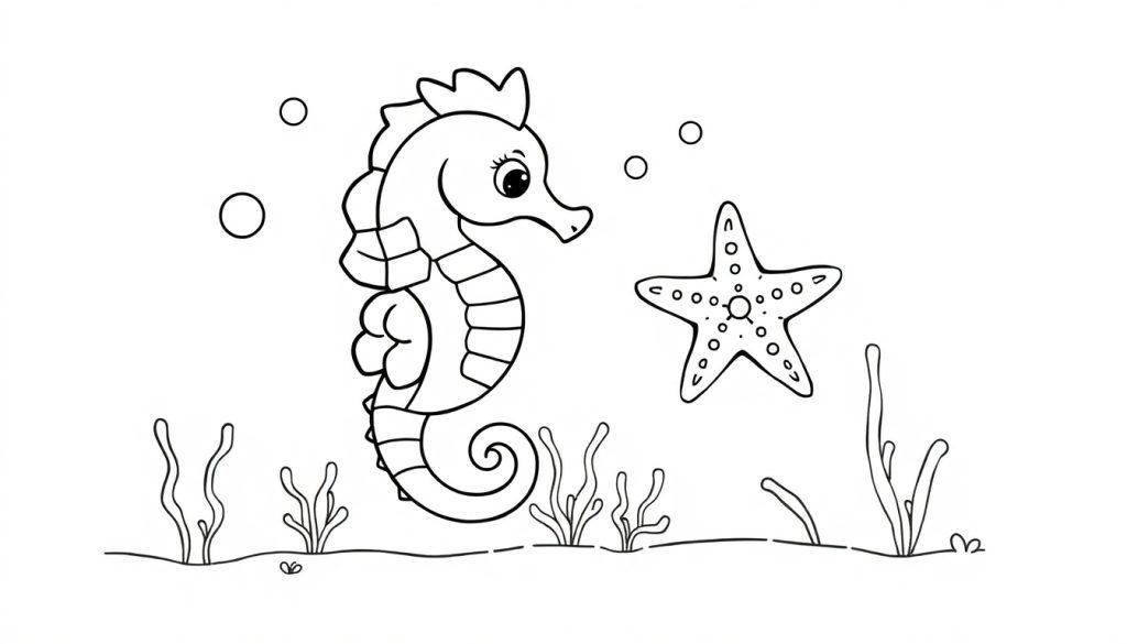 Kleurplaat van een zeepaardje en een zeester onder water met wat zeewier op de bodem.