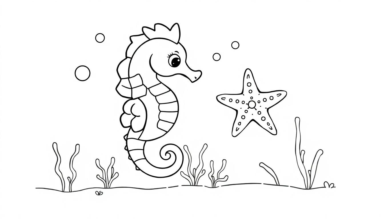 Kleurplaat van een zeepaardje en een zeester onder water met wat zeewier op de bodem.
