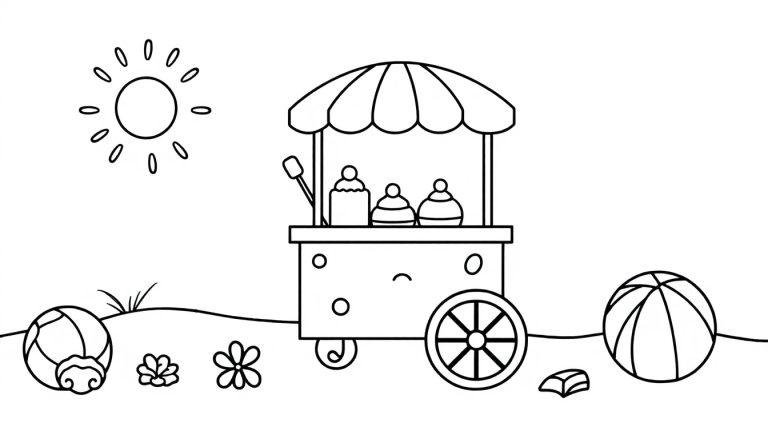 Kleurplaat van een schattige ijscowagen op een zonnig strand, omringd door bloemen en speelgoed.