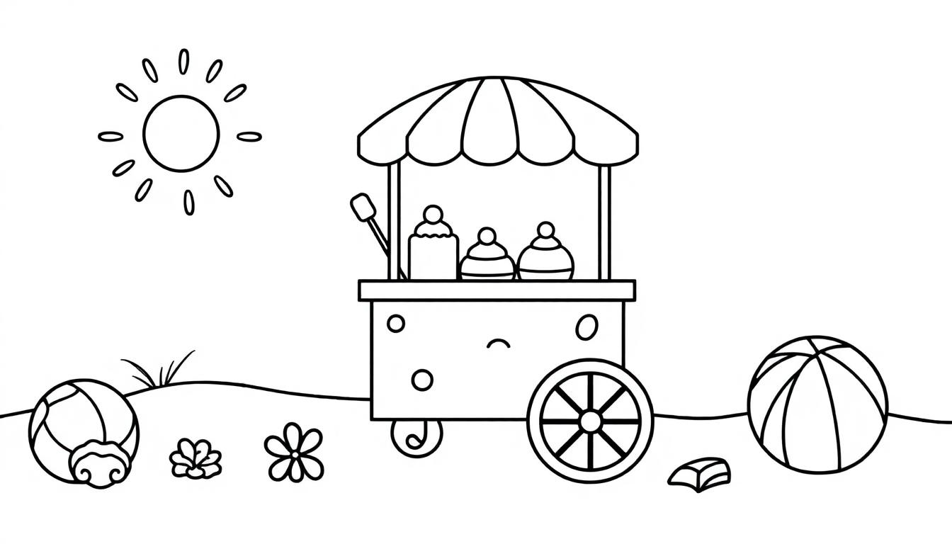 Kleurplaat van een schattige ijscowagen op een zonnig strand, omringd door bloemen en speelgoed.
