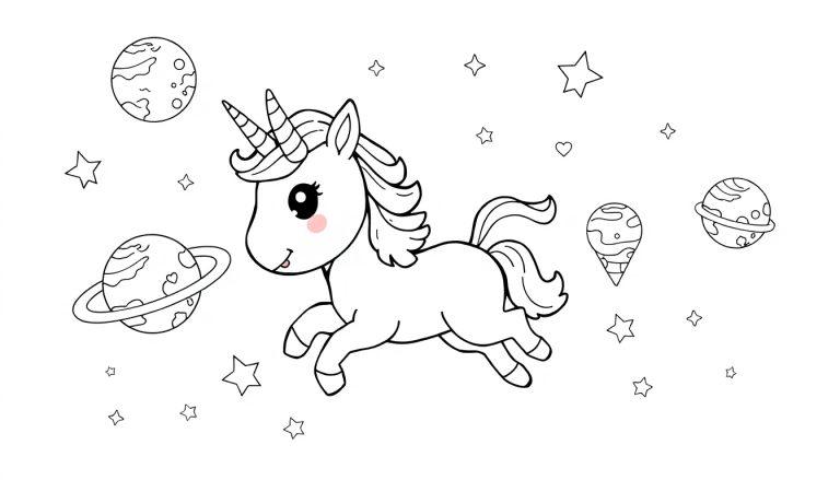 Een eenhoornkleurplaat waarin een schattige eenhoorn door de ruimte vliegt, omringd door planeten die eruitzien als ijsjes.