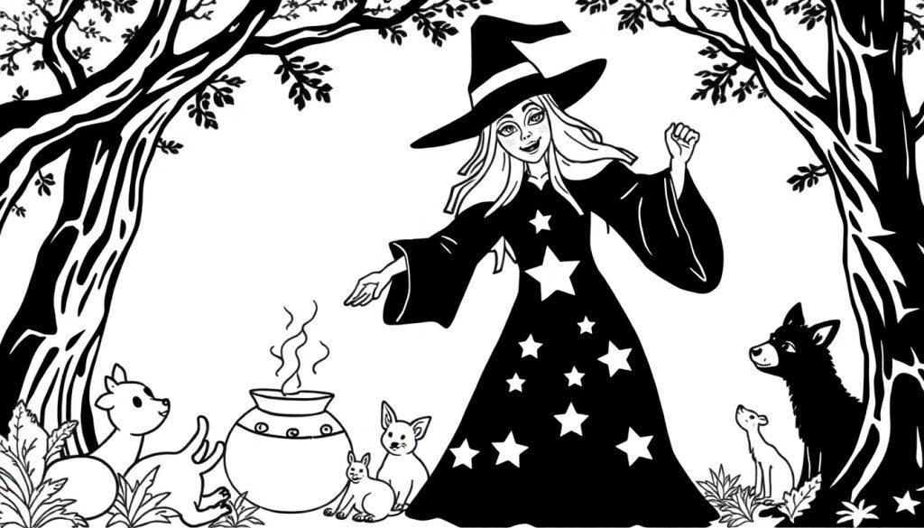 Zwarte heks in een sterrentoverkleed brouwt drankje in een bos, omringd door nieuwsgierige bosdieren. Kleurplaat om in te kleuren.