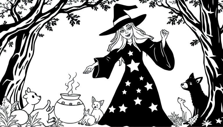 Zwarte heks in een sterrentoverkleed brouwt drankje in een bos, omringd door nieuwsgierige bosdieren. Kleurplaat om in te kleuren.