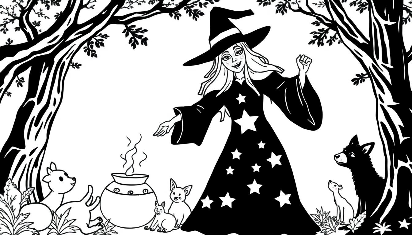 Zwarte heks in een sterrentoverkleed brouwt drankje in een bos, omringd door nieuwsgierige bosdieren. Kleurplaat om in te kleuren.