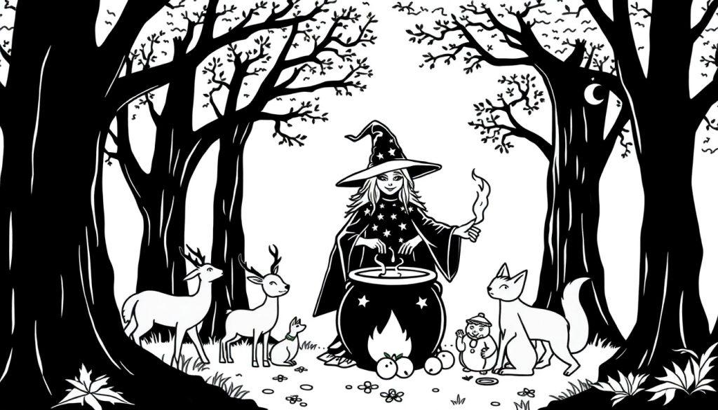 Kleurplaat van een zwarte heks met een sterrenjurk die een drankje aan het brouwen is in het bos, omringd door bosdieren.