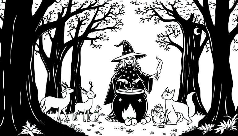 Kleurplaat van een zwarte heks met een sterrenjurk die een drankje aan het brouwen is in het bos, omringd door bosdieren.