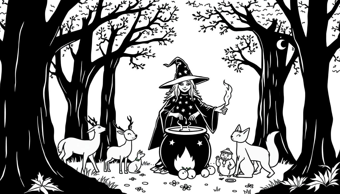 Kleurplaat van een zwarte heks met een sterrenjurk die een drankje aan het brouwen is in het bos, omringd door bosdieren.