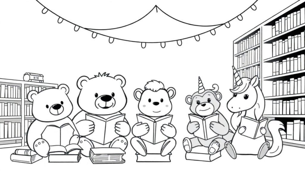Een kleurplaat met dieren die boeken lezen in de bibliotheek onder feestelijke lampjes.