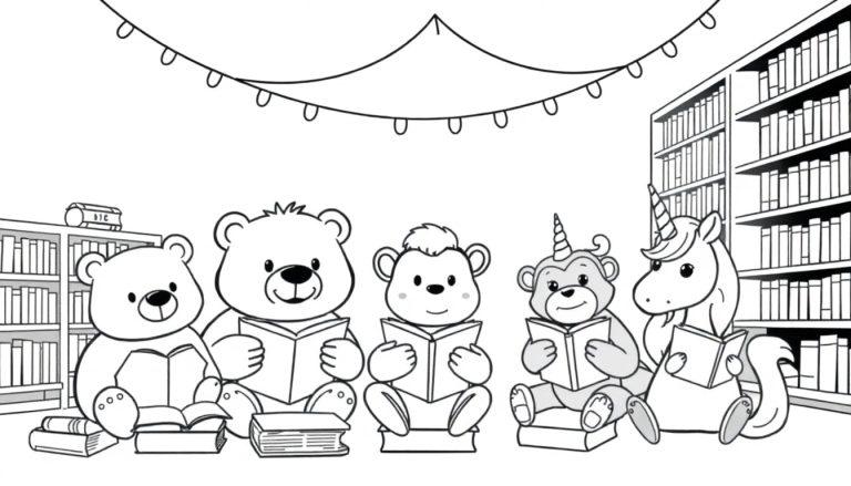 Een kleurplaat met dieren die boeken lezen in de bibliotheek onder feestelijke lampjes.