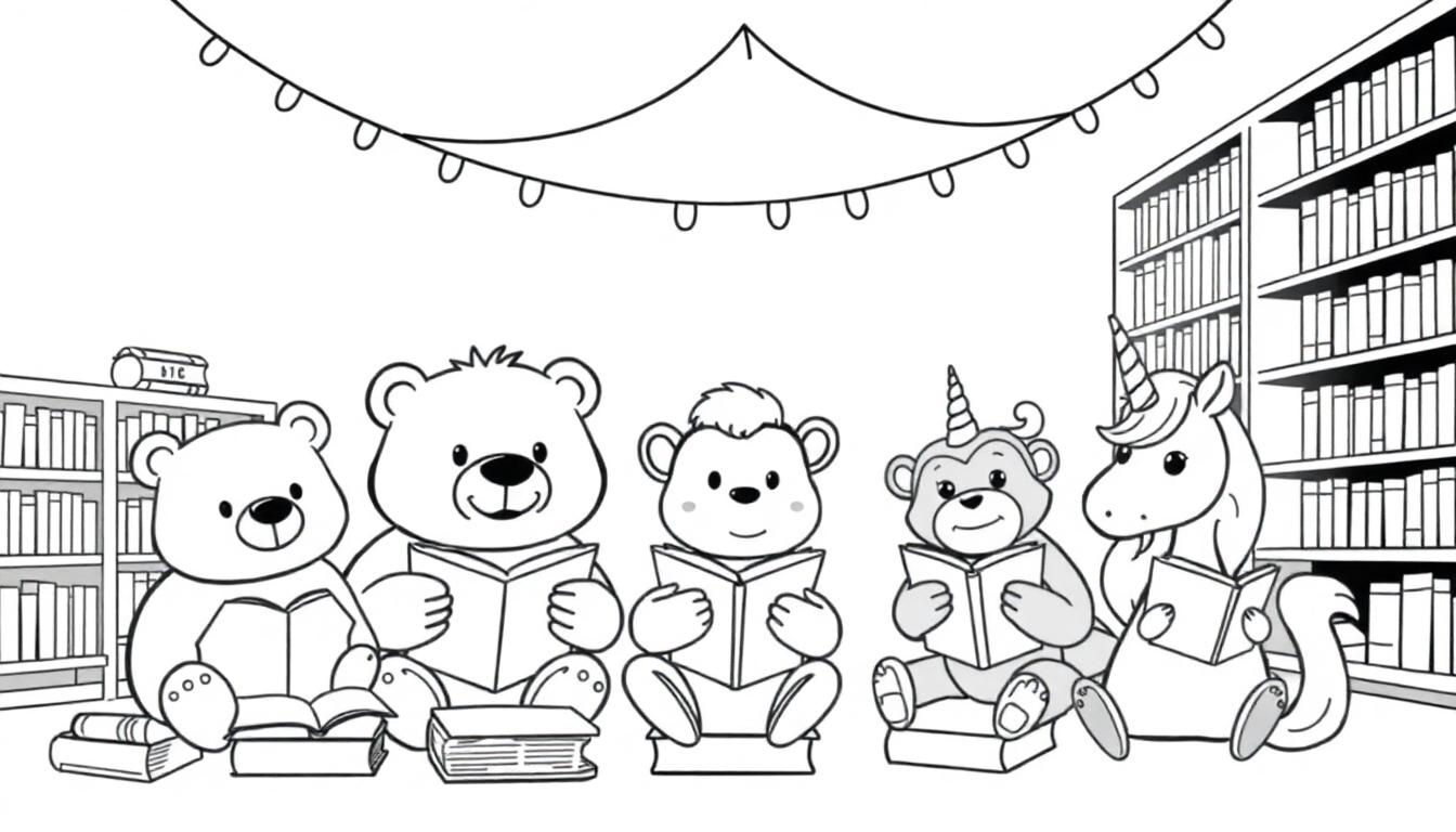 Een kleurplaat met dieren die boeken lezen in de bibliotheek onder feestelijke lampjes.