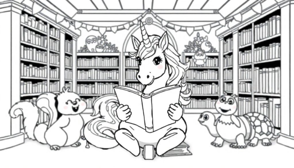Kleurplaat van een gezellige bibliotheek met een eenhoorn die een boek leest, omringd door vrolijke dierenvriendjes zoals een eekhoorn, schildpad en uil.