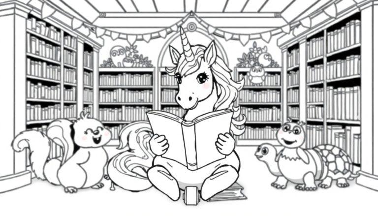 Kleurplaat van een gezellige bibliotheek met een eenhoorn die een boek leest, omringd door vrolijke dierenvriendjes zoals een eekhoorn, schildpad en uil.