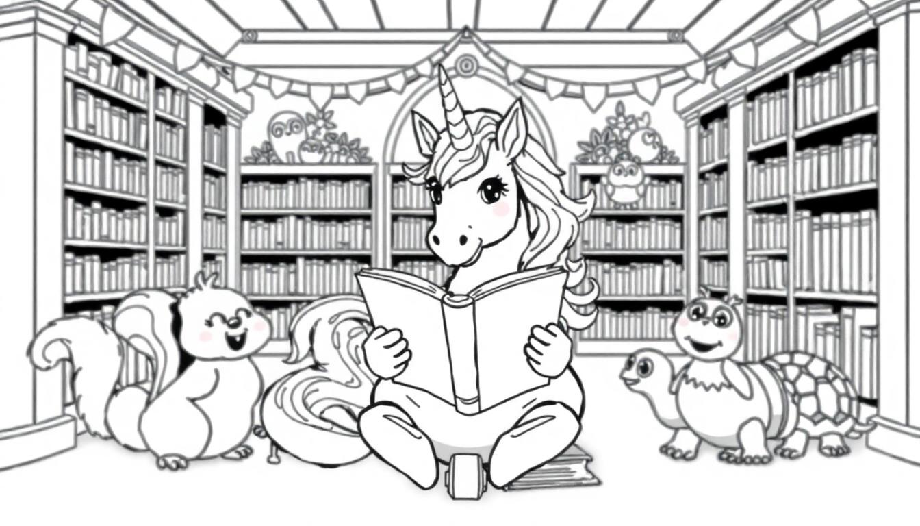Kleurplaat van een gezellige bibliotheek met een eenhoorn die een boek leest, omringd door vrolijke dierenvriendjes zoals een eekhoorn, schildpad en uil.