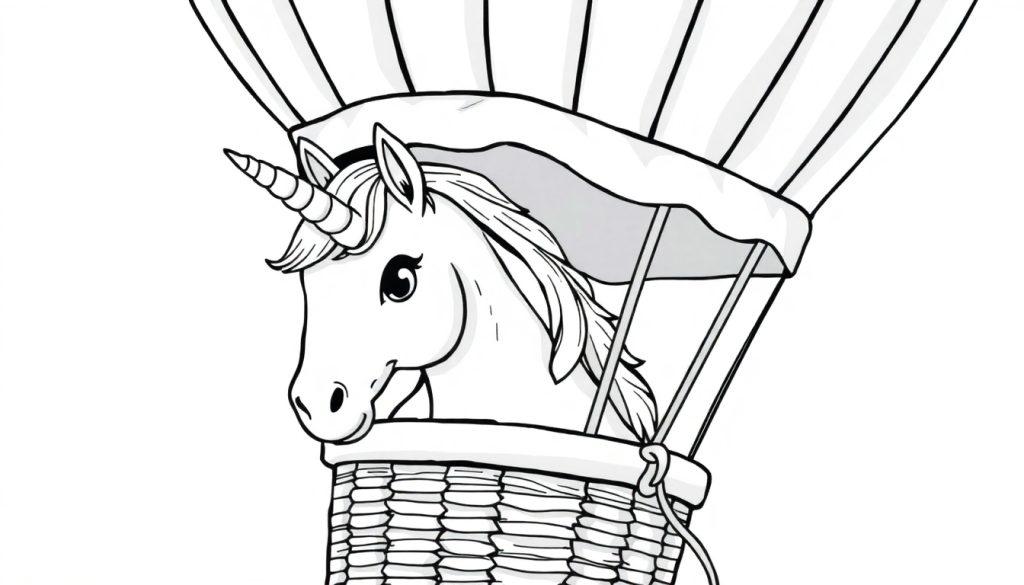 Kleurplaat van een schattige eenhoorn in een luchtballon.