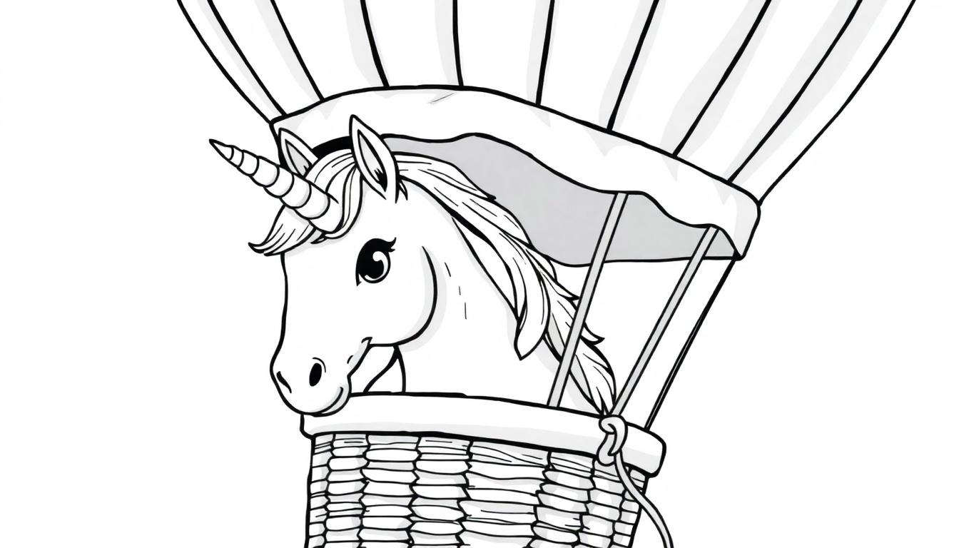 Kleurplaat van een schattige eenhoorn in een luchtballon.
