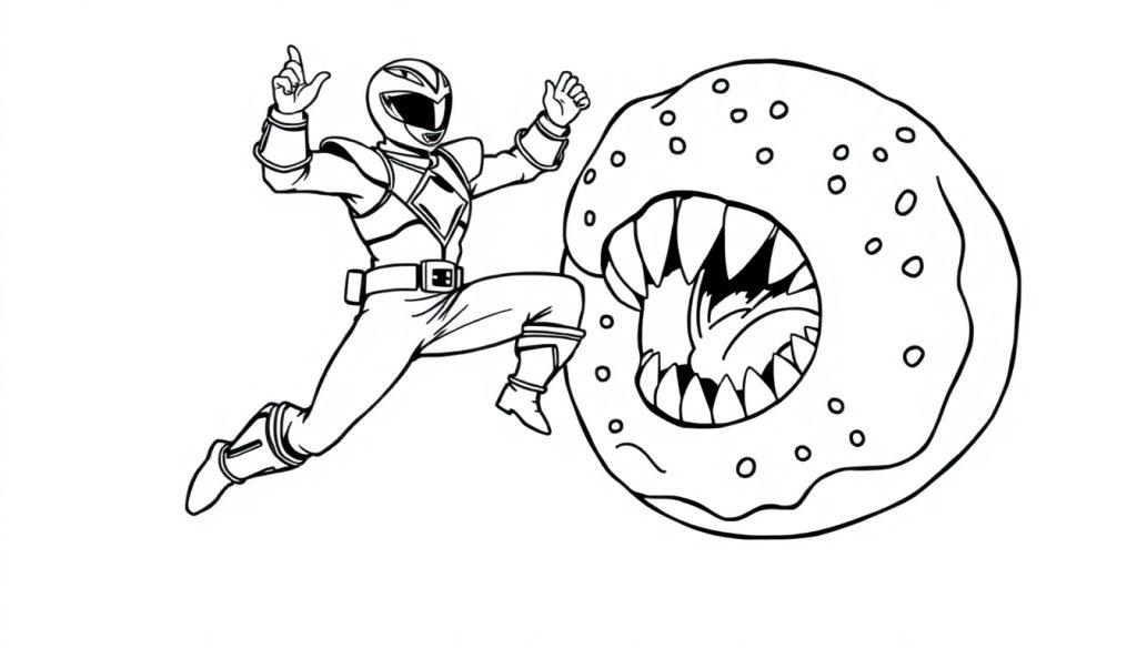 Kleurplaat van een Power Ranger die een monster in de vorm van een donut verslaat.