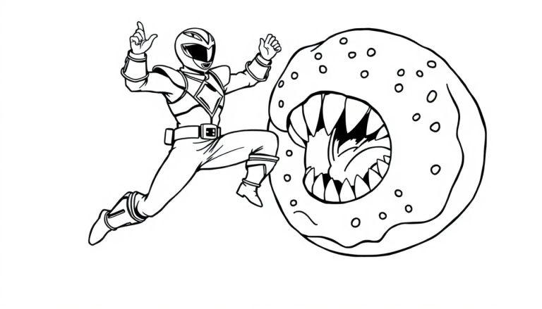 Kleurplaat van een Power Ranger die een monster in de vorm van een donut verslaat.