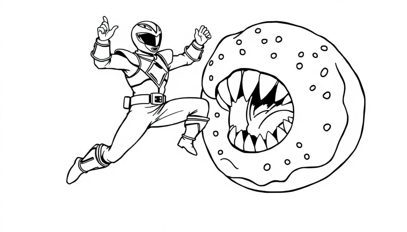 Kleurplaat van een Power Ranger die een monster in de vorm van een donut verslaat.