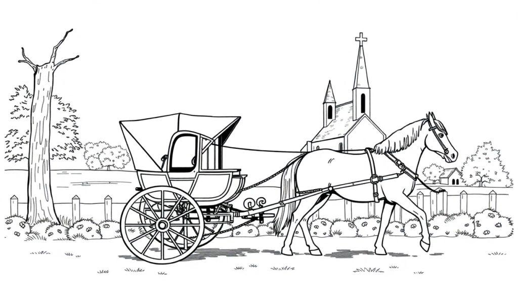 Kleurplaat van een paard met een tilbury-koets naast een kerk in een landelijke omgeving.