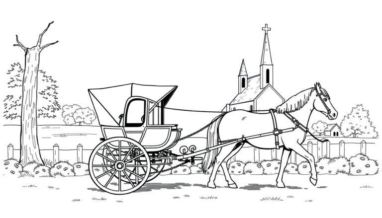 Kleurplaat van een paard met een tilbury-koets naast een kerk in een landelijke omgeving.