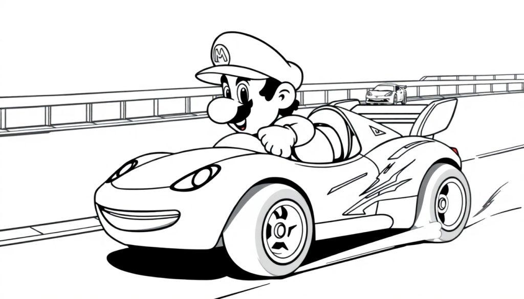 Kleurplaat van Mario in een Hot Wheels-auto op een racebaan.