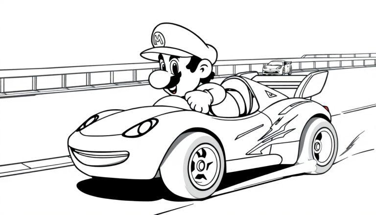 Kleurplaat van Mario in een Hot Wheels-auto op een racebaan.