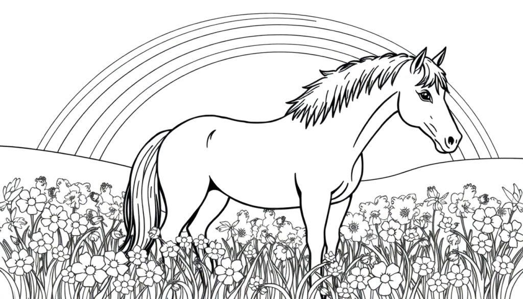 Kleurplaat van een paard in een veld vol bloemen met een regenboog op de achtergrond.