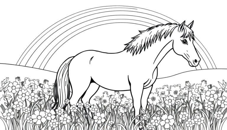 Kleurplaat van een paard in een veld vol bloemen met een regenboog op de achtergrond.