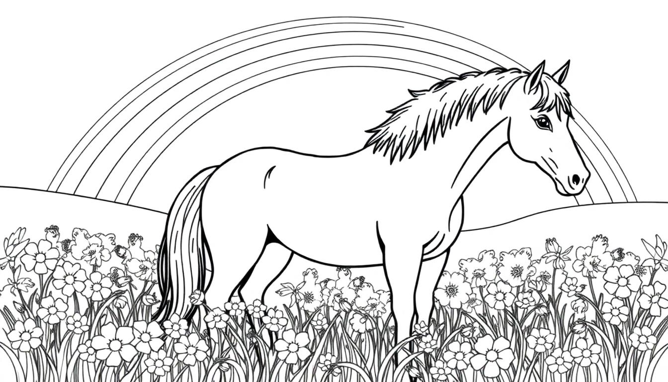Kleurplaat van een paard in een veld vol bloemen met een regenboog op de achtergrond.