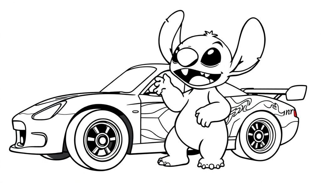 Kleurplaat van Stitch naast een raceauto.
