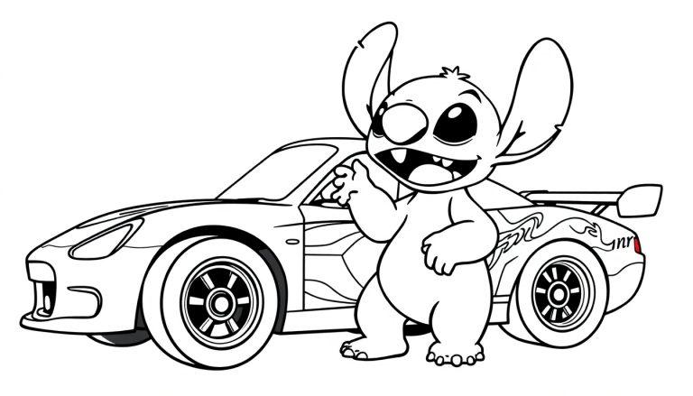 Kleurplaat van Stitch naast een raceauto.