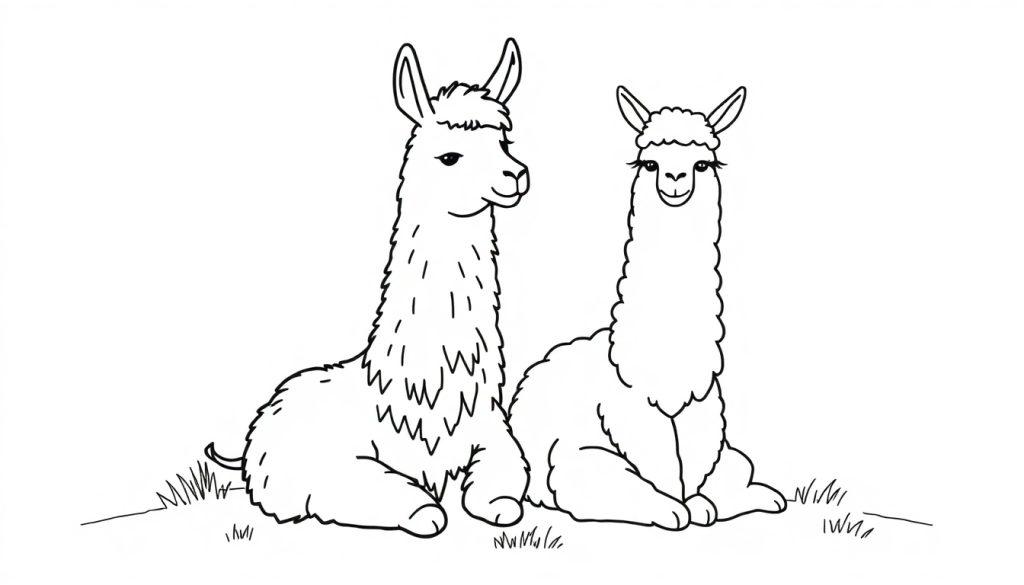 Zwart-wit kleurplaat van een lama en een alpaca die op de grond zitten, met gras op de achtergrond.