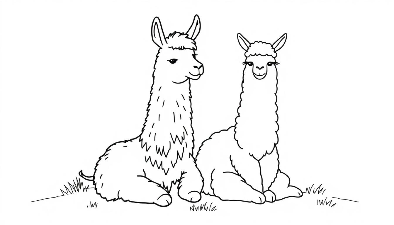 Zwart-wit kleurplaat van een lama en een alpaca die op de grond zitten, met gras op de achtergrond.