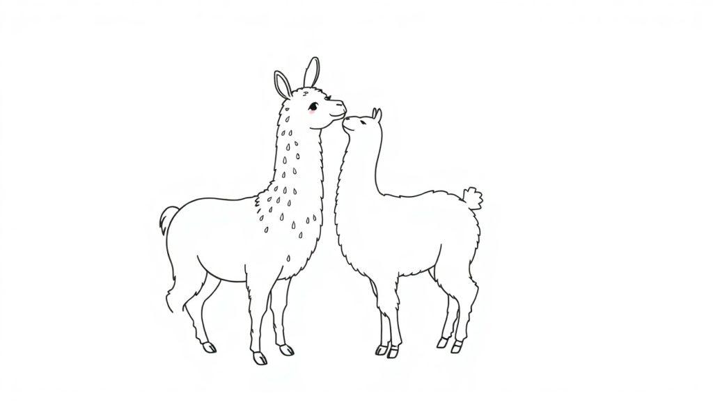 Kleurplaat van een lama en een alpaca die naar elkaar toegebogen staan op een witte achtergrond.