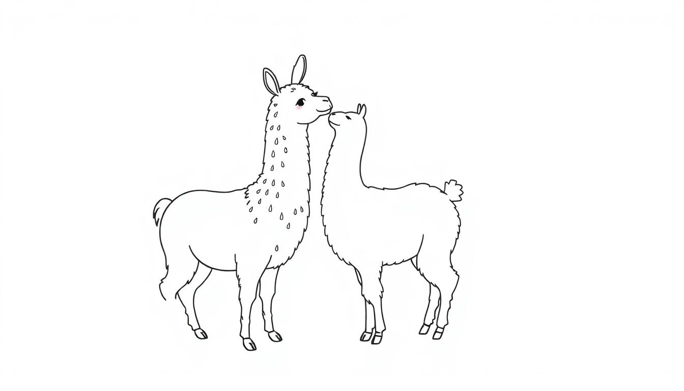 Kleurplaat van een lama en een alpaca die naar elkaar toegebogen staan op een witte achtergrond.