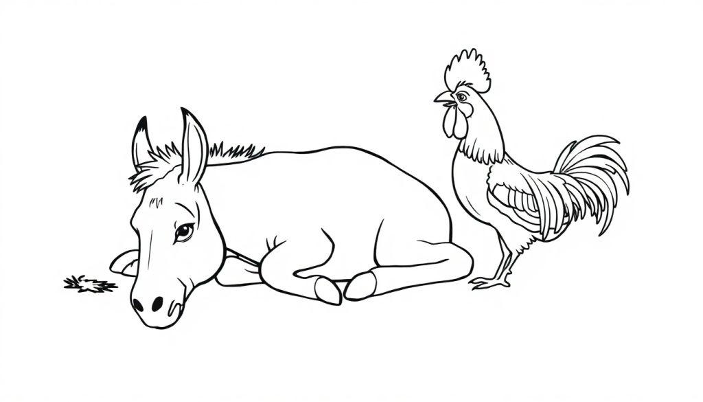 Kleurplaat van een ezel die ligt en een haan die rechtop staat, getekend in zwart-wit.