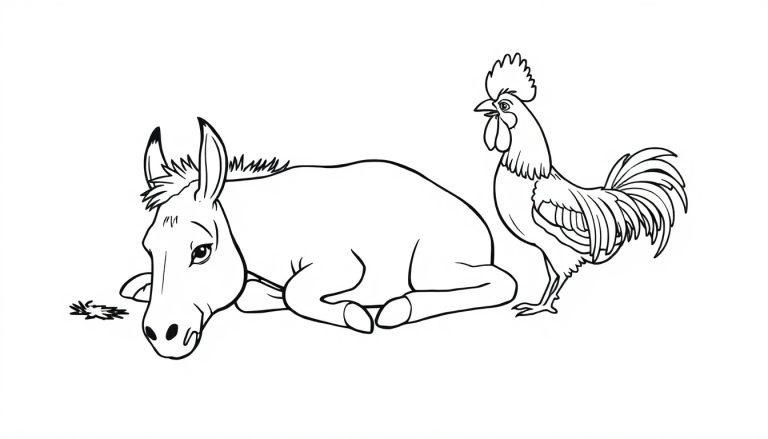 Kleurplaat van een ezel die ligt en een haan die rechtop staat, getekend in zwart-wit.