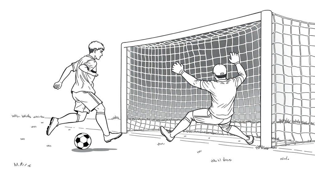 Zwart-wit tekening van een spannende voetbalscène met een keeper en een speler die op het punt staat te schieten.