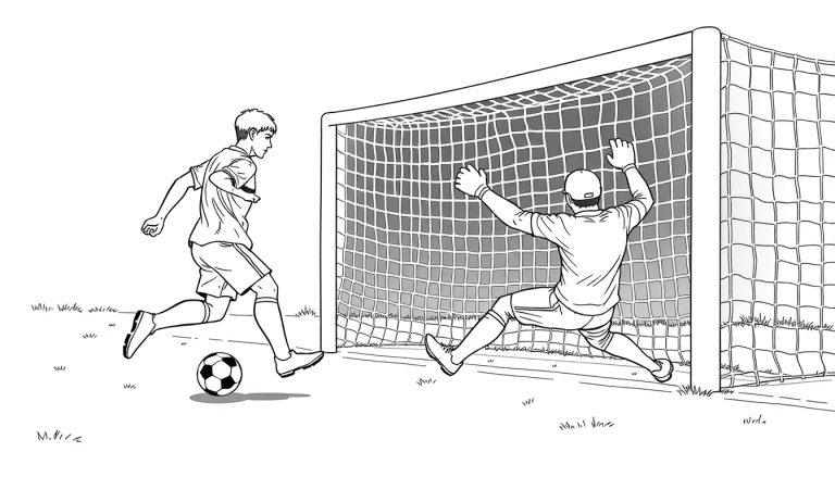 Zwart-wit tekening van een spannende voetbalscène met een keeper en een speler die op het punt staat te schieten.