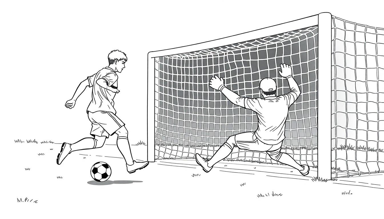 Zwart-wit tekening van een spannende voetbalscène met een keeper en een speler die op het punt staat te schieten.