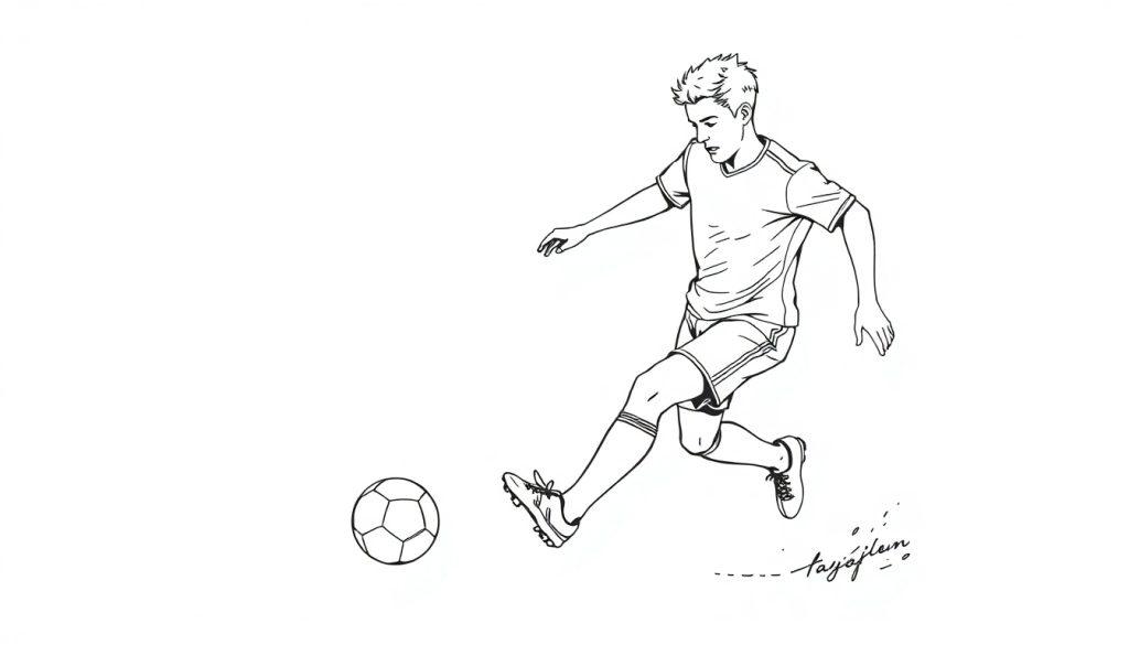 Kleurplaat van een voetballer die een bal schopt, sportief getekend in actie.