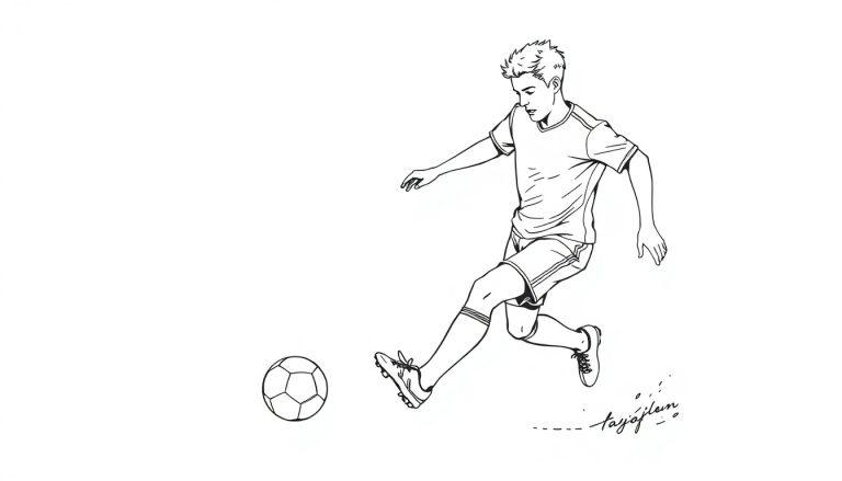 Kleurplaat van een voetballer die een bal schopt, sportief getekend in actie.